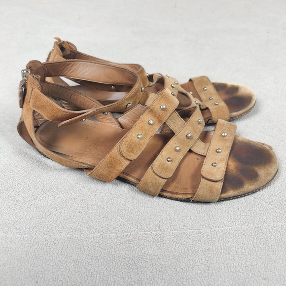 Gucci Sigourney‎ Sandals Womens 39 9 Brown Leather Studded Gladiator FLAWED - Picture 2 of 13